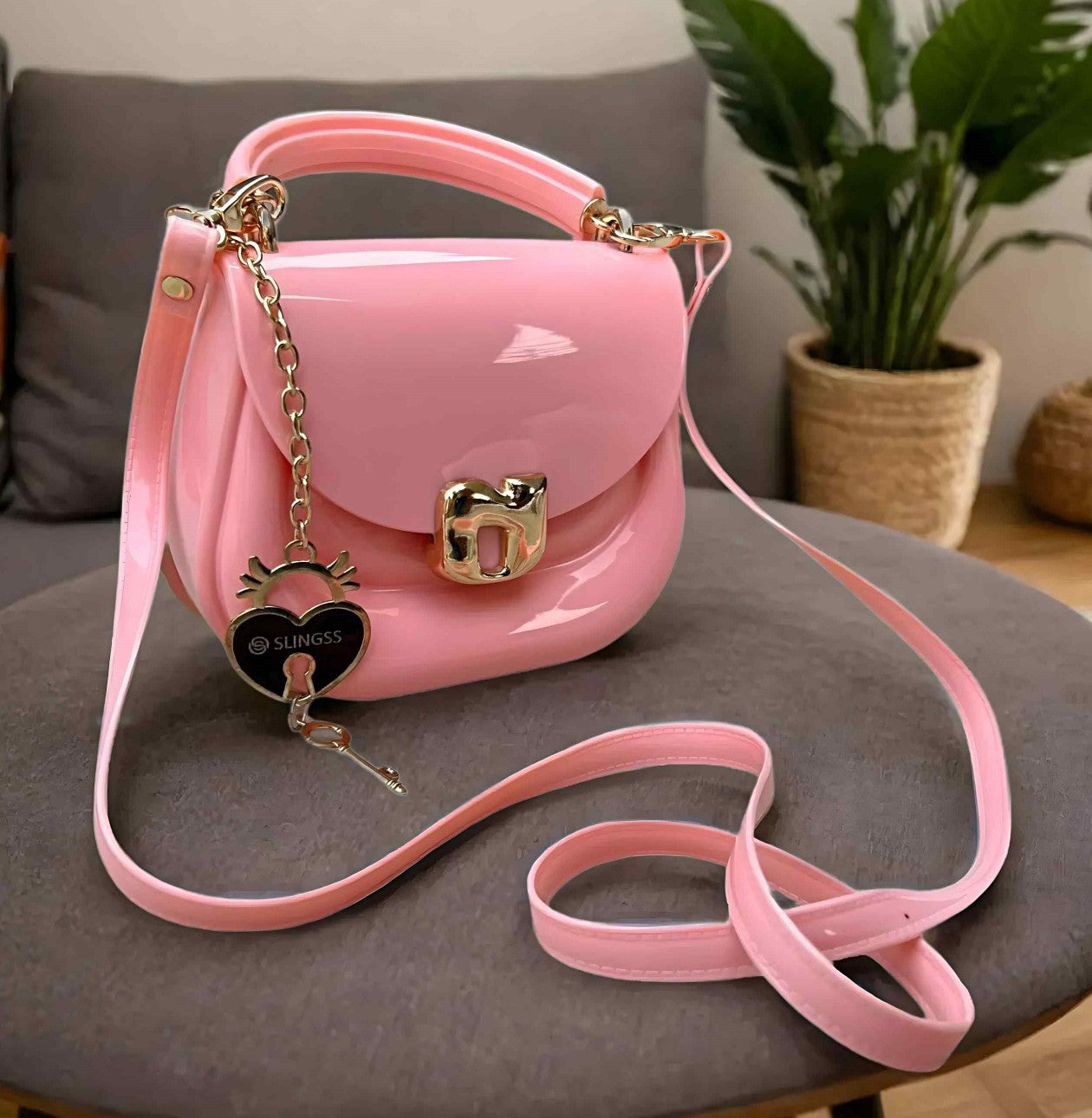 Slingss Mini Partywear Pink Silicon Purse For Girls With Handel & Long Belt