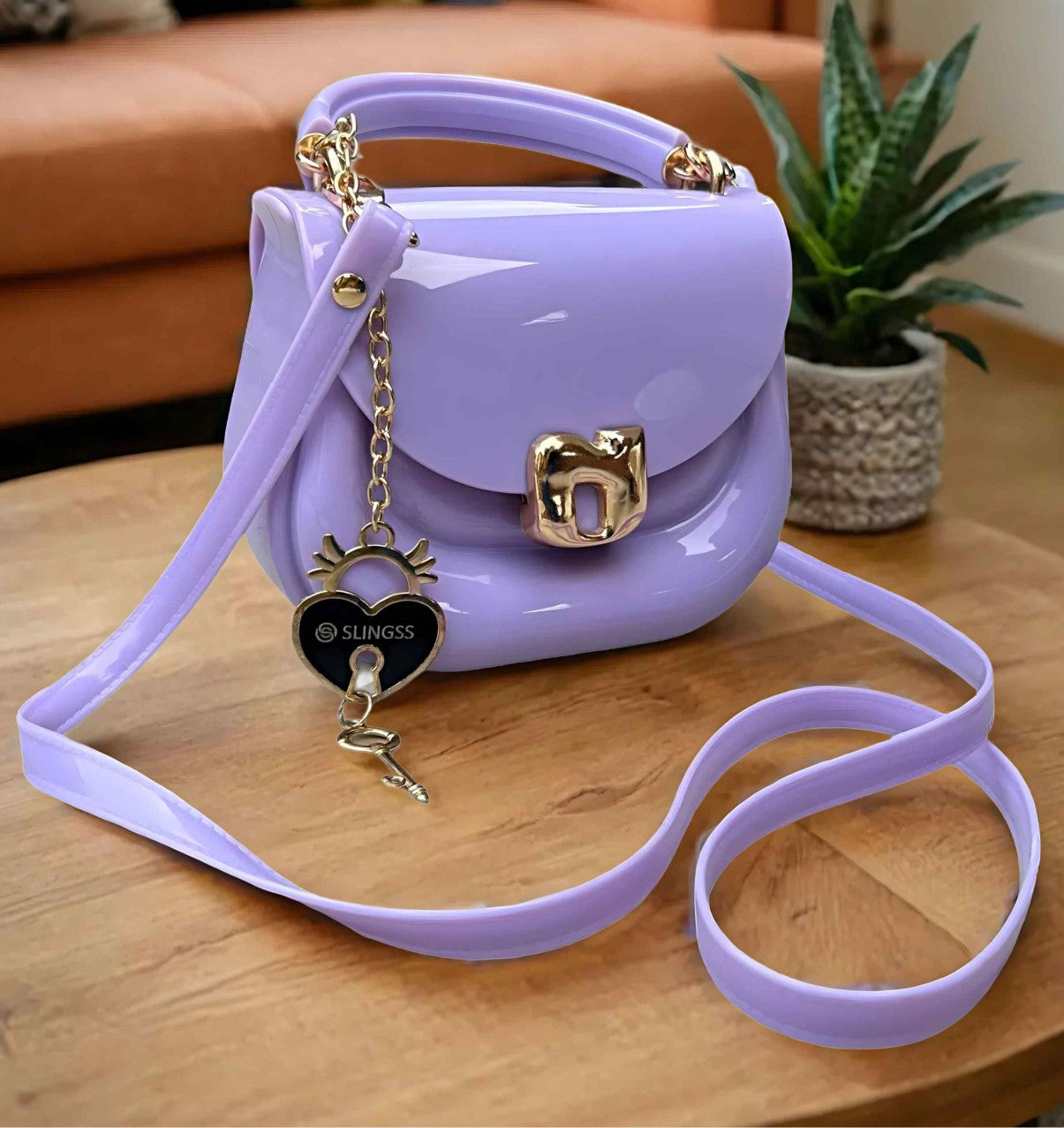 Slingss Mini Partywear Purple Silicon Purse For Girls With Handel & Long Belt