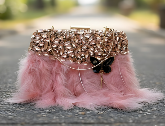 Slingss Exclusive Luxury Range Partywear Feather Diamond Embroidered Clutch For Ladies With Handle & Long Chain