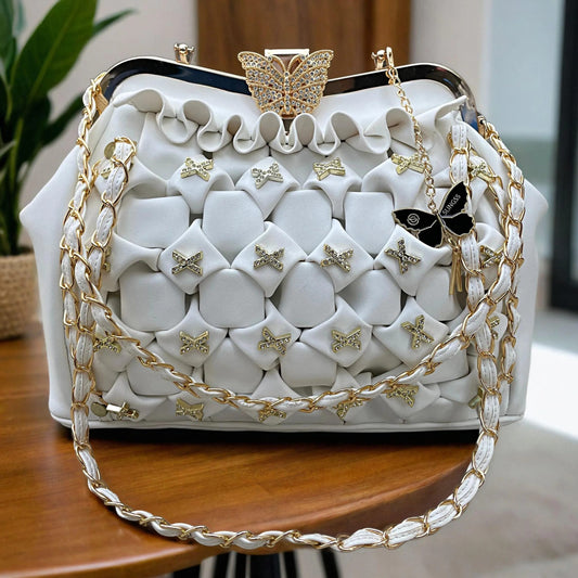 Slingss Luxury Range Big Size White Embroidered Partywear Bag For Ladies