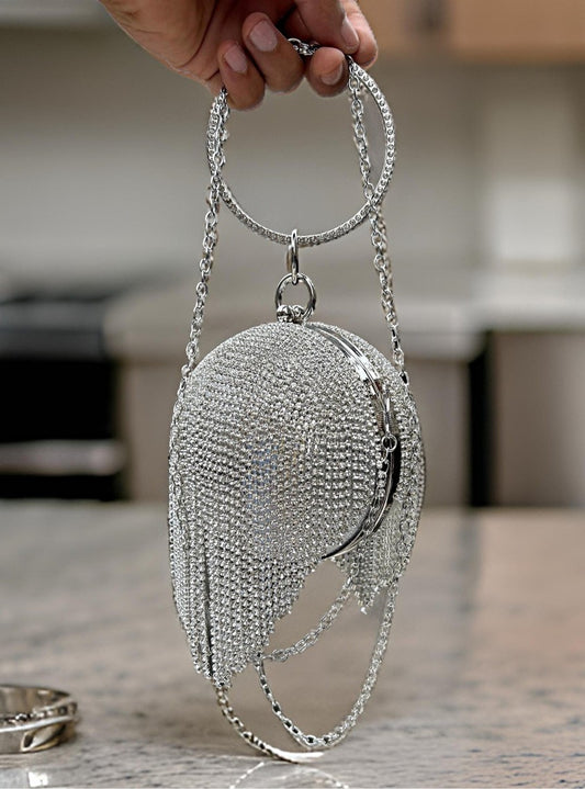 Slingss Exclusive Premium Ball Shaped Partywear Embroidered Clutch For Ladies With Silver Handle & Long Chain
