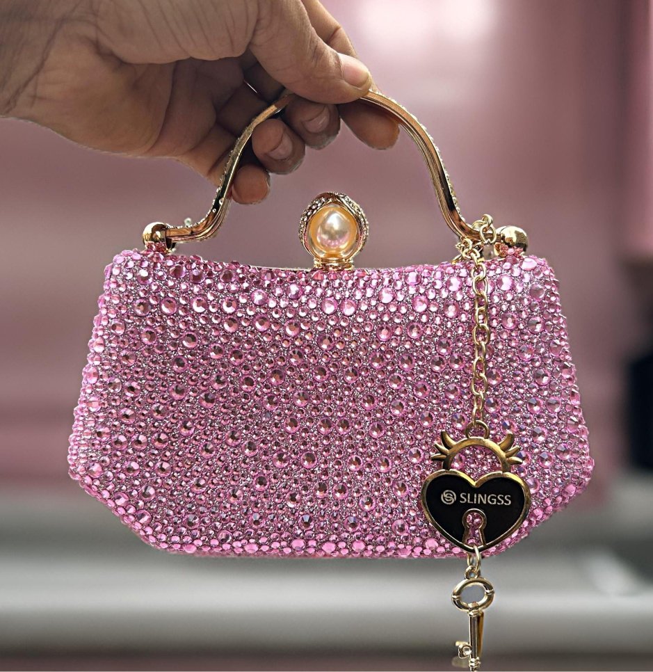 Slingss Exclusive Premium Pink Partywear Clutch For Ladies With Water Droplets Design, Handle & Long Chain
