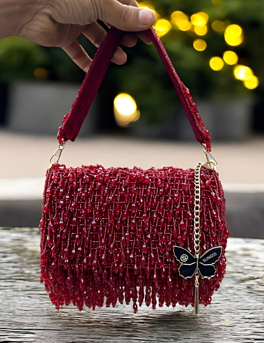 Slingss Luxury Range Crystal Full Jhallar Embroidered Partywear Purse For Ladies With Handle