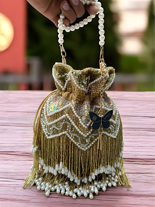 Slingss Exclusive Premium Jhallar Embroidered Partywear Potli For Ladies With Handle