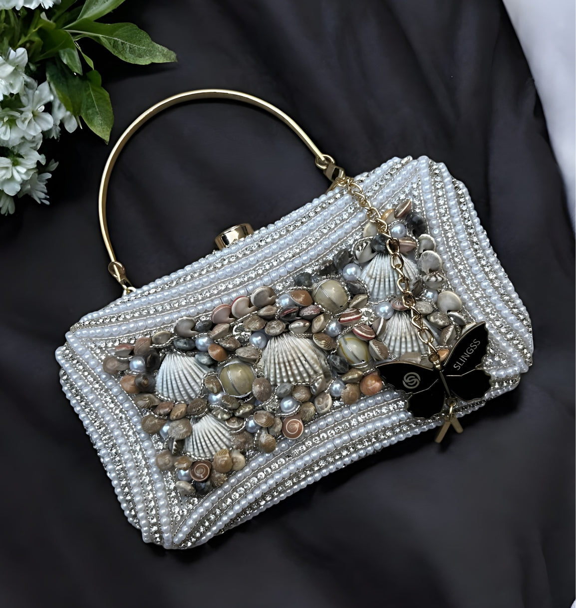 Slingss Exclusive Premium White Beads Seap Embroidered Partywear Clutch For Ladies With Handle & Long Chain