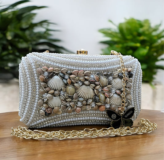 Slingss Exclusive Premium White Beads Seap Embroidered Partywear Clutch For Ladies With Handle & Long Chain