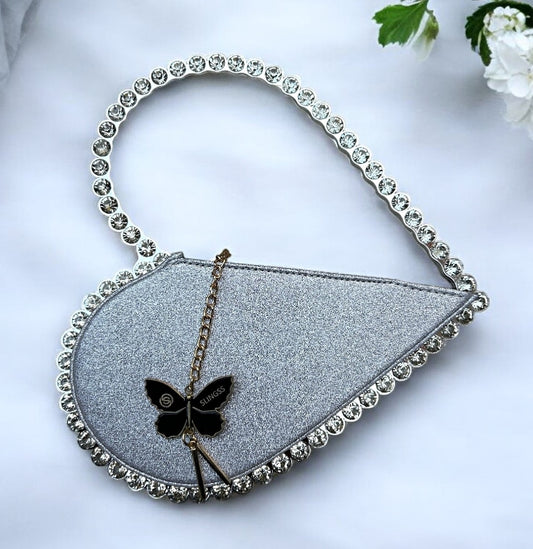Slingss Exclusive Premium Sparkle Heart Shape Partywear Diamond Embroidered Handbag For Ladies