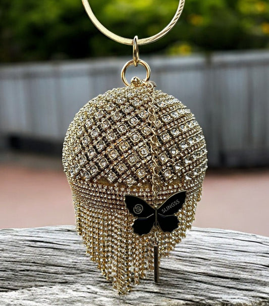 Slingss Exclusive Premium Ball Shaped Partywear Embroidered Clutch For Ladies With Gold Handle & Long Chain