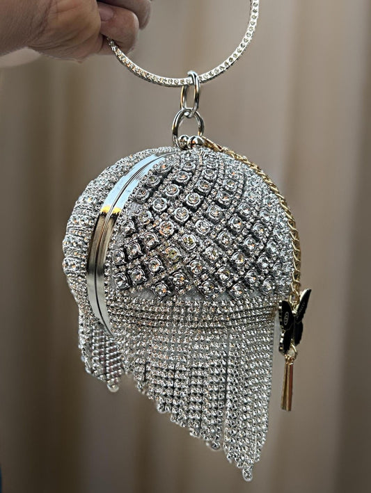 Slingss Exclusive Premium Ball Shaped Partywear Embroidered Clutch For Ladies With Silver Handle & Long Chain