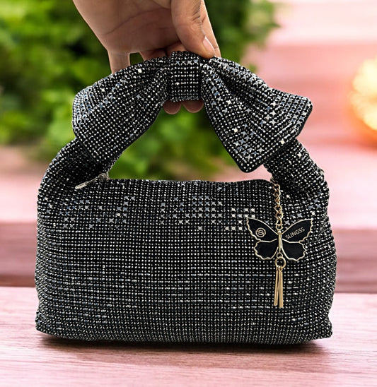 Slingss Luxury Range Exclusive Diamond Studded Partywear Bow Shaped Handle Bag For Ladies With Long Chain