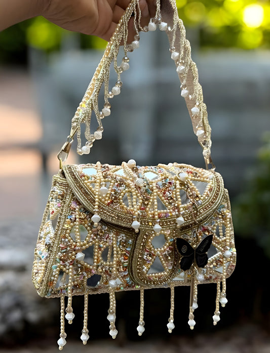 Slingss Luxury Range Hanging Beads Mirror Embroidered Partywear Handbag For Ladies With Handle