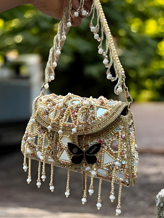 Slingss Luxury Range Hanging Beads Mirror Embroidered Partywear Handbag For Ladies With Handle