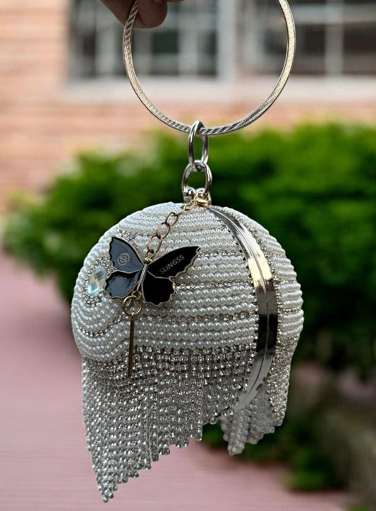 Slingss Exclusive Premium Ball Shaped Partywear Embroidered Clutch For Ladies With Handle & Long Chain