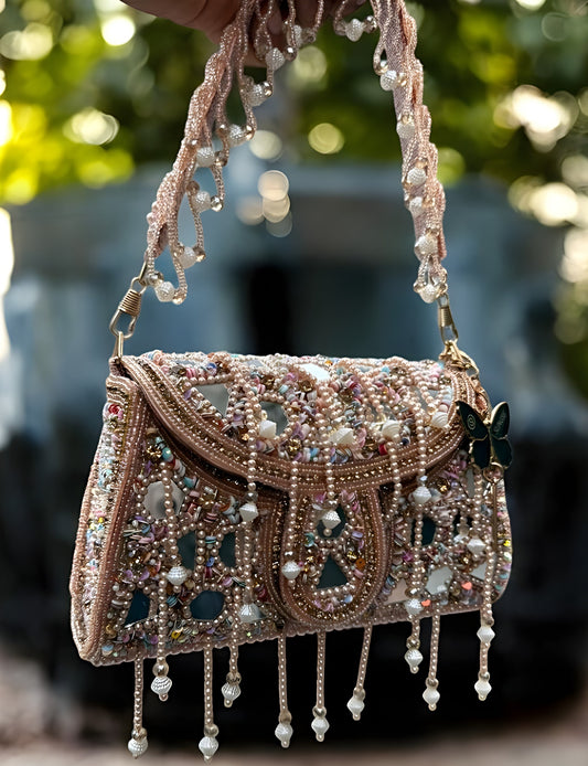 Slingss Luxury Range Hanging Beads Mirror Embroidered Partywear Handbag For Ladies With Handle