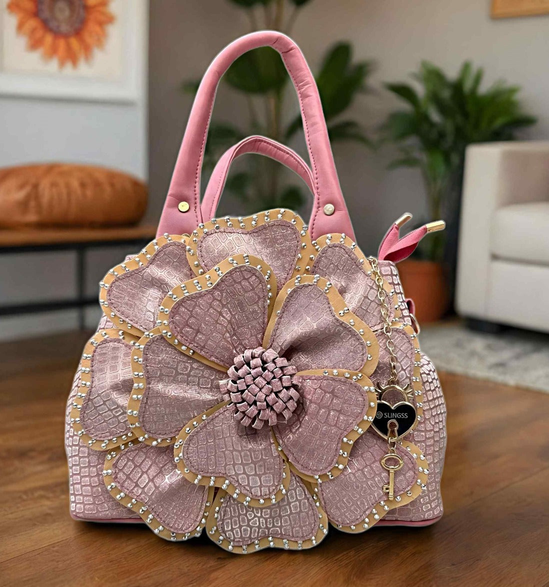 Slingss Premium Range Big Size Pink Floral Embroidered Partywear Bag For  Ladies