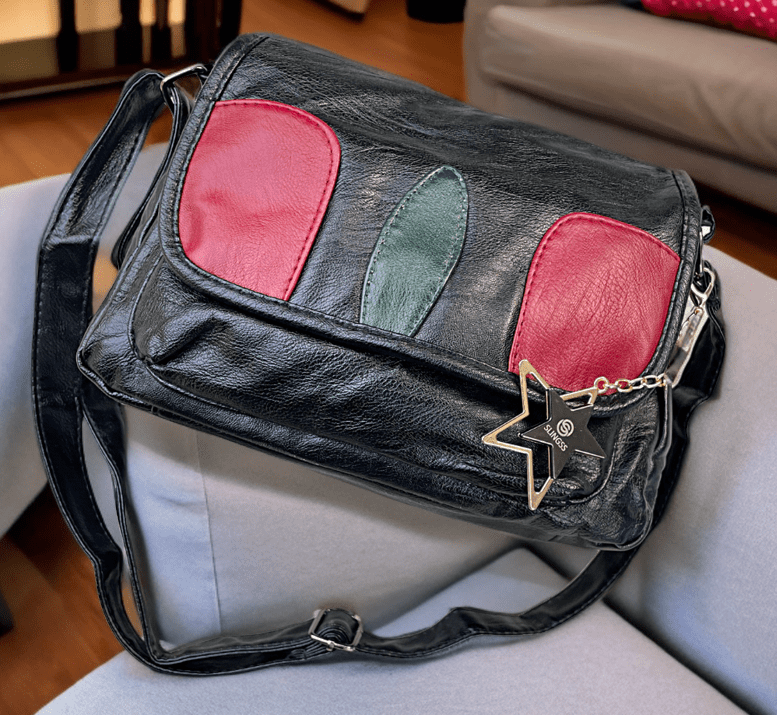 Slingss Premium Leather Black With Red Patch Sling Bag For Ladies With Long Belt