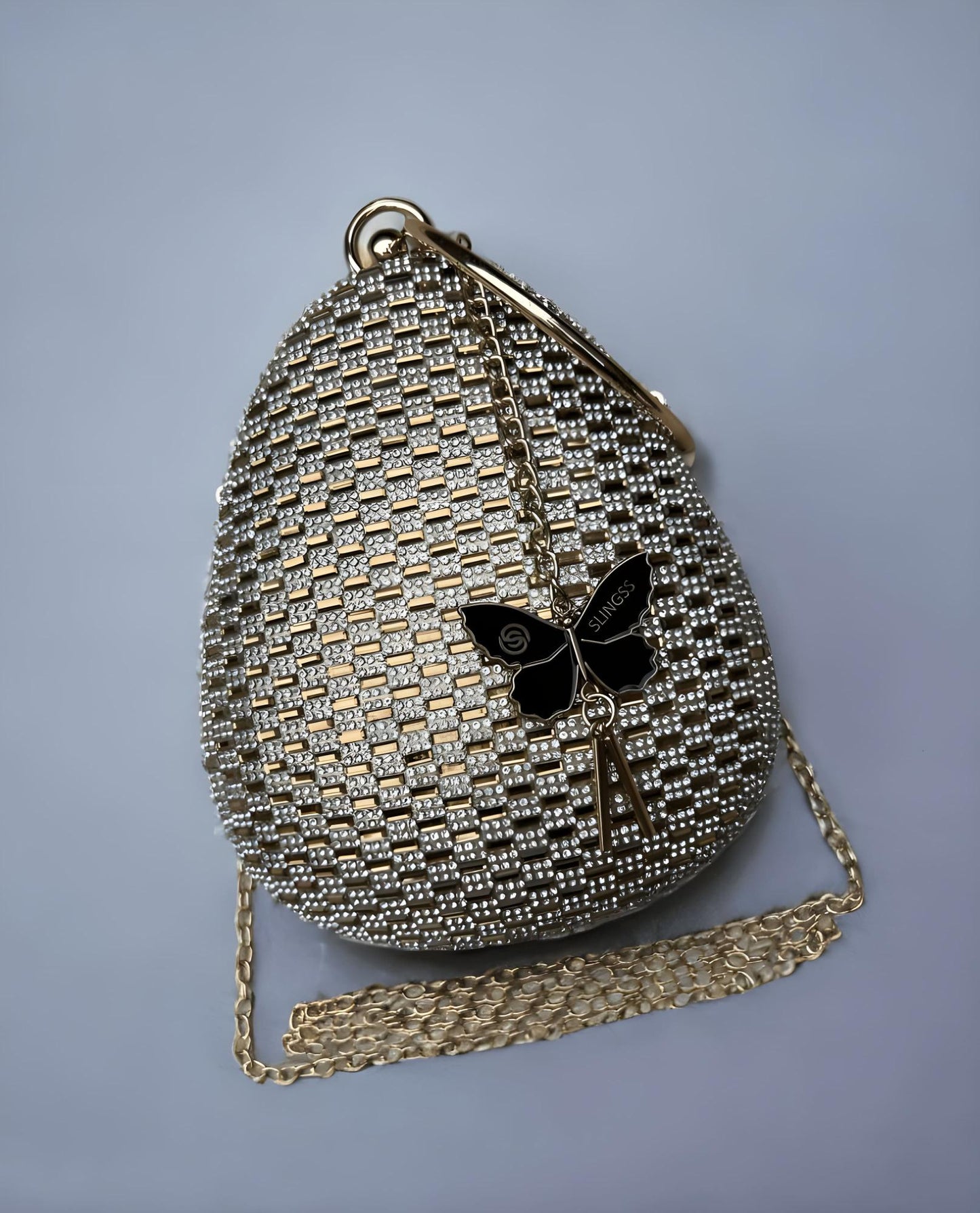 Slingss Exclusive Premium Oval Shape Partywear Embroidered Clutch For Ladies With Golden Handle & Chain