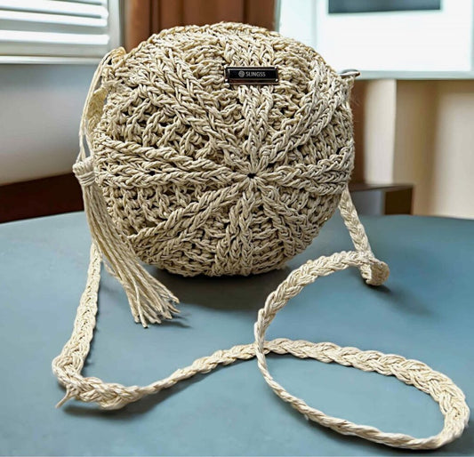 Slingss Exclusive Handmade Eco-Friendly Jute Round Shape Sling Bag For Ladies With Long Strap