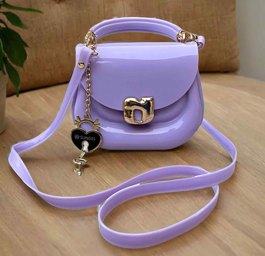 Slingss Mini Partywear Purple Silicon Purse For Girls With Handel & Long Belt