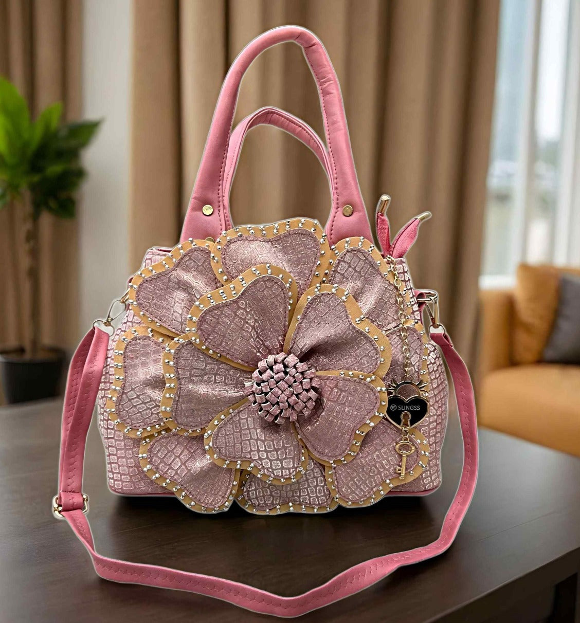 Slingss Premium Range Big Size Pink Floral Embroidered Partywear Bag For Ladies