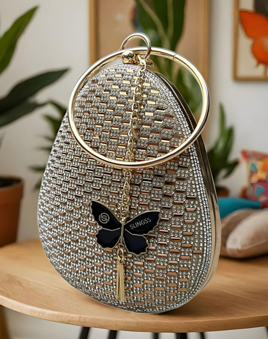 Slingss Exclusive Premium Oval Shape Partywear Embroidered Clutch For Ladies With Golden Handle & Chain