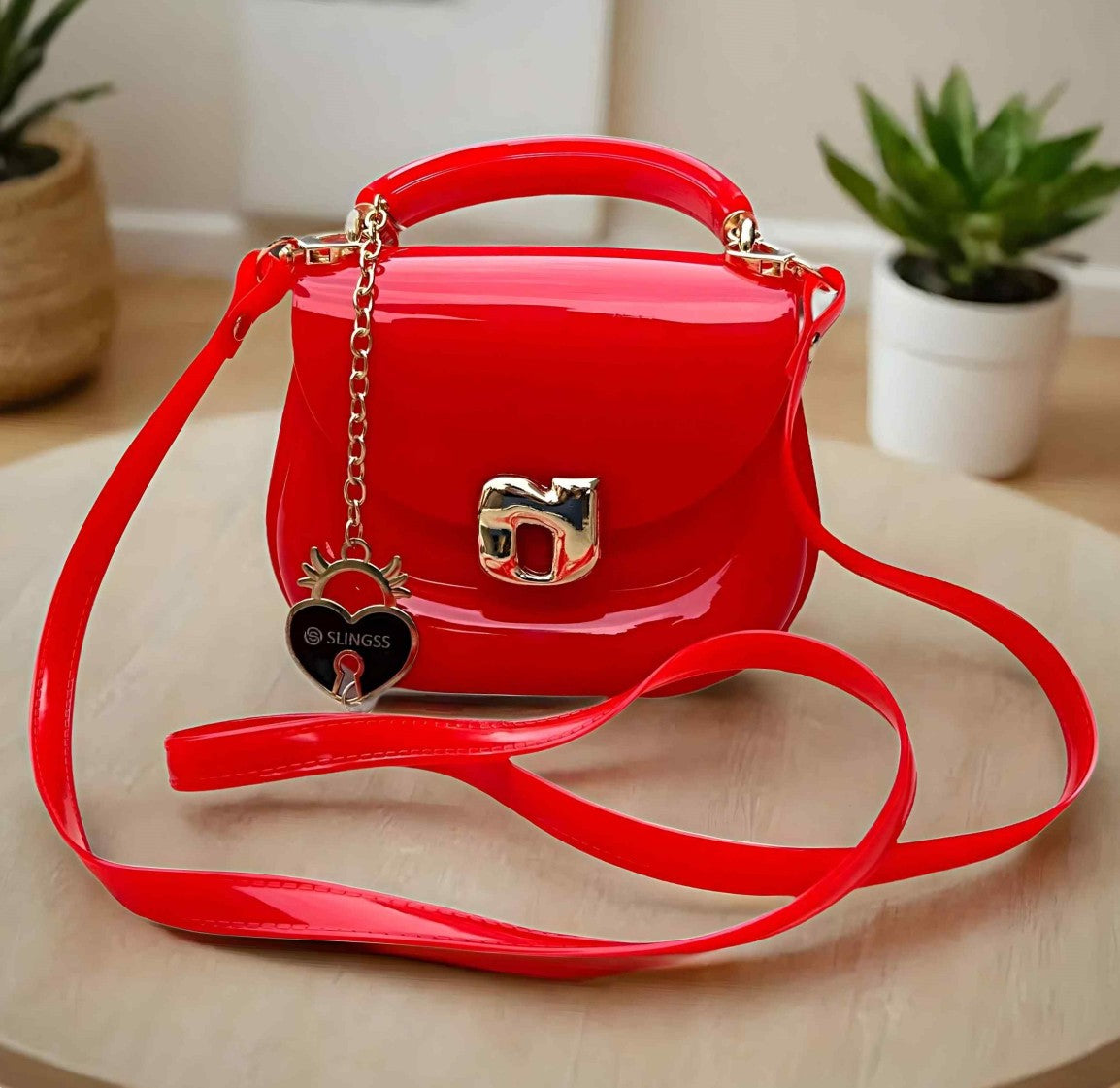 Slingss Mini Partywear Red Silicon Purse For Girls With Handel & Long Belt
