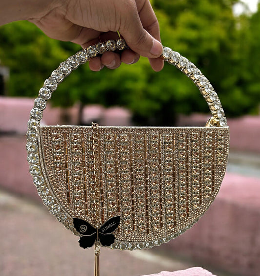 Slingss Exclusive Premium Half Moon Partywear Diamond Studded Embroidered Handbag For Ladies