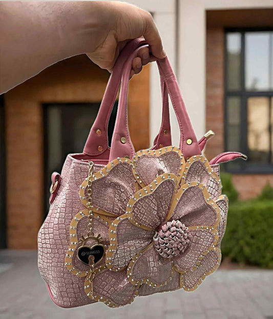 Slingss Premium Range Big Size Pink Floral Embroidered Partywear Bag For Ladies
