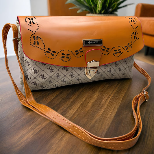 Slingss Dual Color Leather Look Sling Bag For Ladies With Long Belt