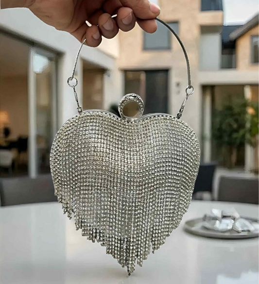 Slingss Exclusive Premium Heart Shape Design Partywear Embroidered Clutch For Ladies With Handle & Long Chain