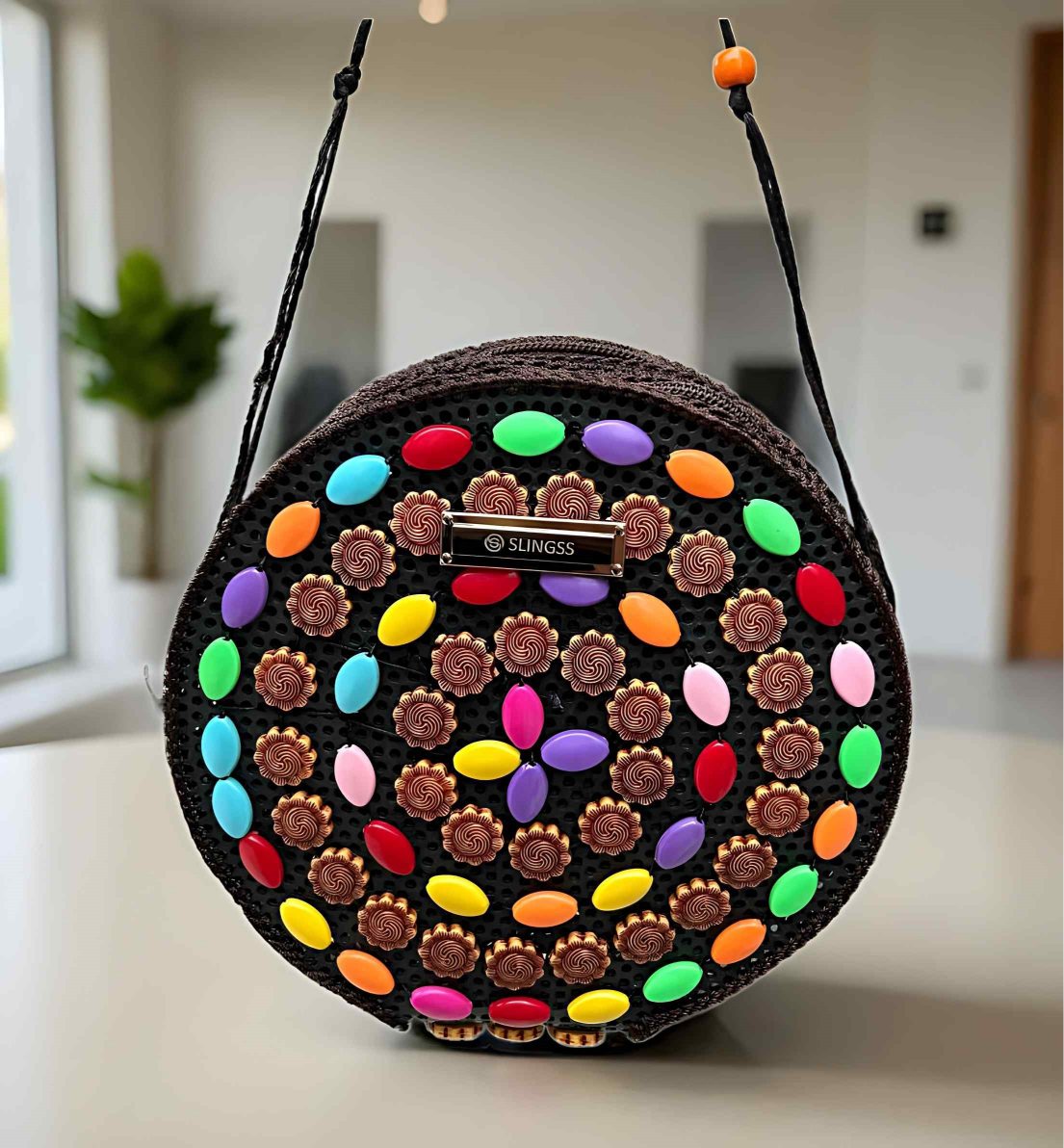 Slingss Exclusive Handmade Eco-Friendly Wooden Round Shape Sling Bag For Ladies With Long Strap