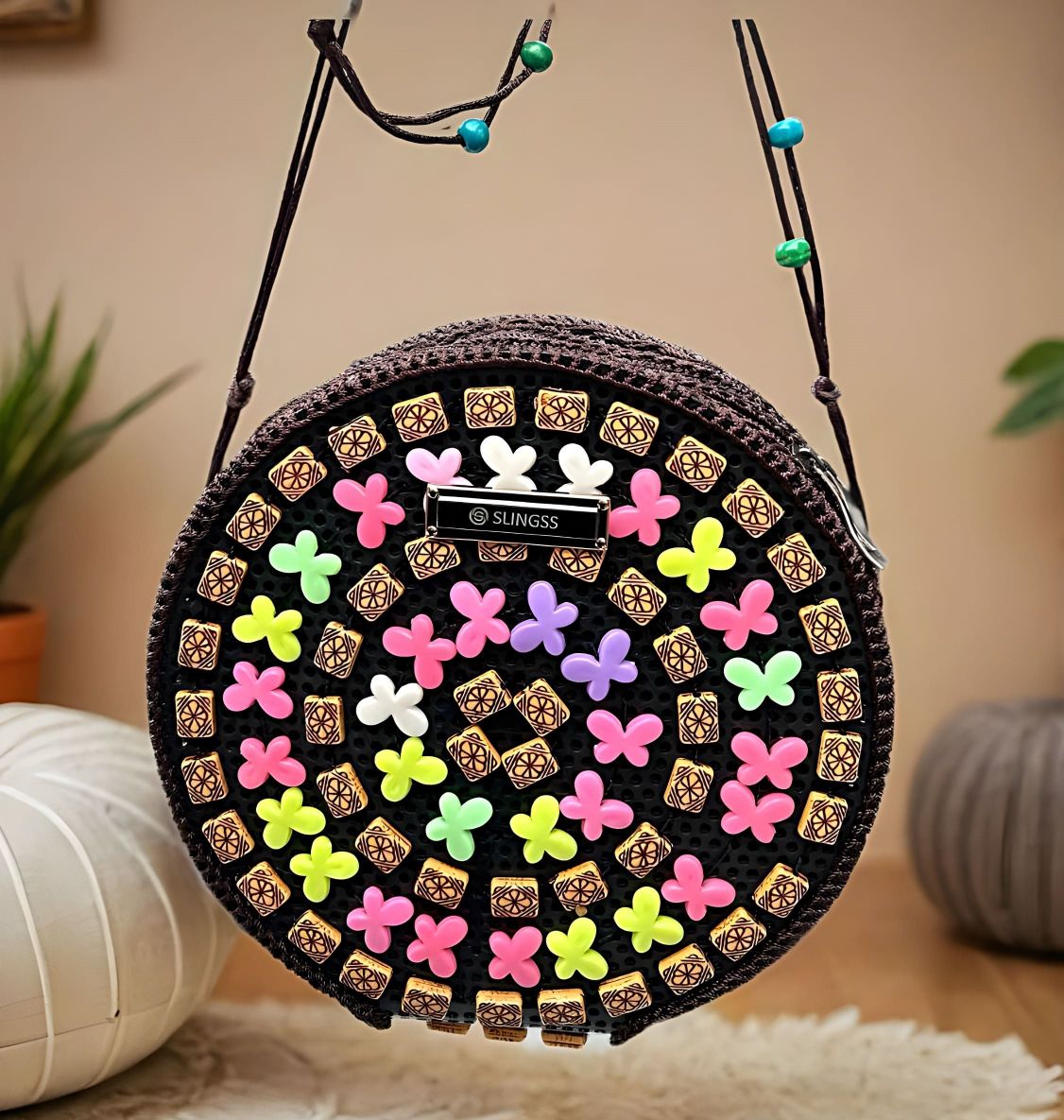 Slingss Exclusive Handmade Eco-Friendly Wooden Round Shape Sling Bag For Ladies With Long Strap