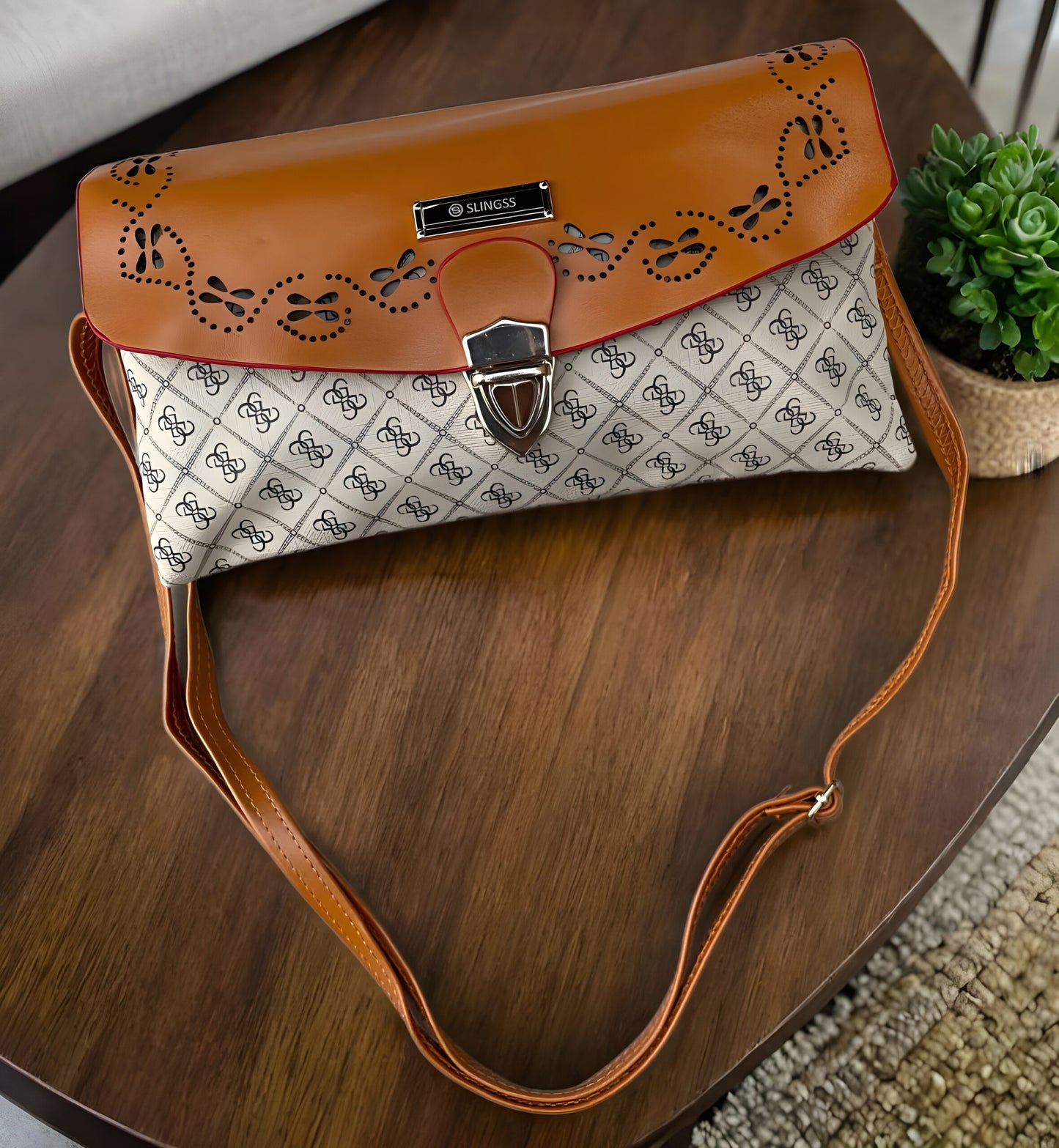 Slingss Dual Color Leather Look Sling Bag For Ladies With Long Belt