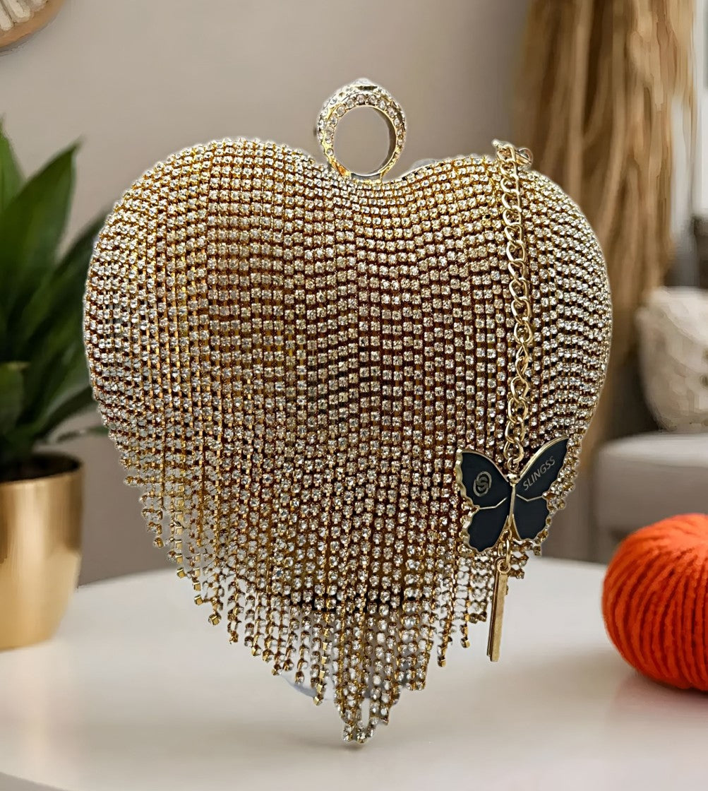 Slingss Exclusive Premium Heart Shape Design Partywear Embroidered Clutch For Ladies With Handle & Long Chain