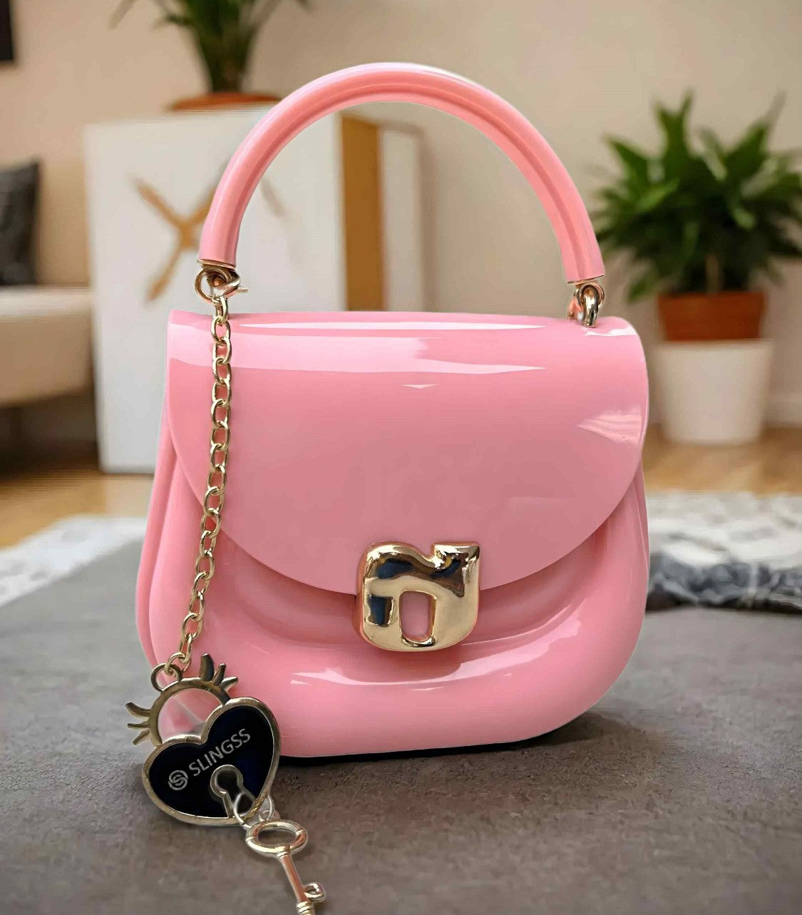 Slingss Mini Partywear Pink Silicon Purse For Girls With Handel & Long Belt