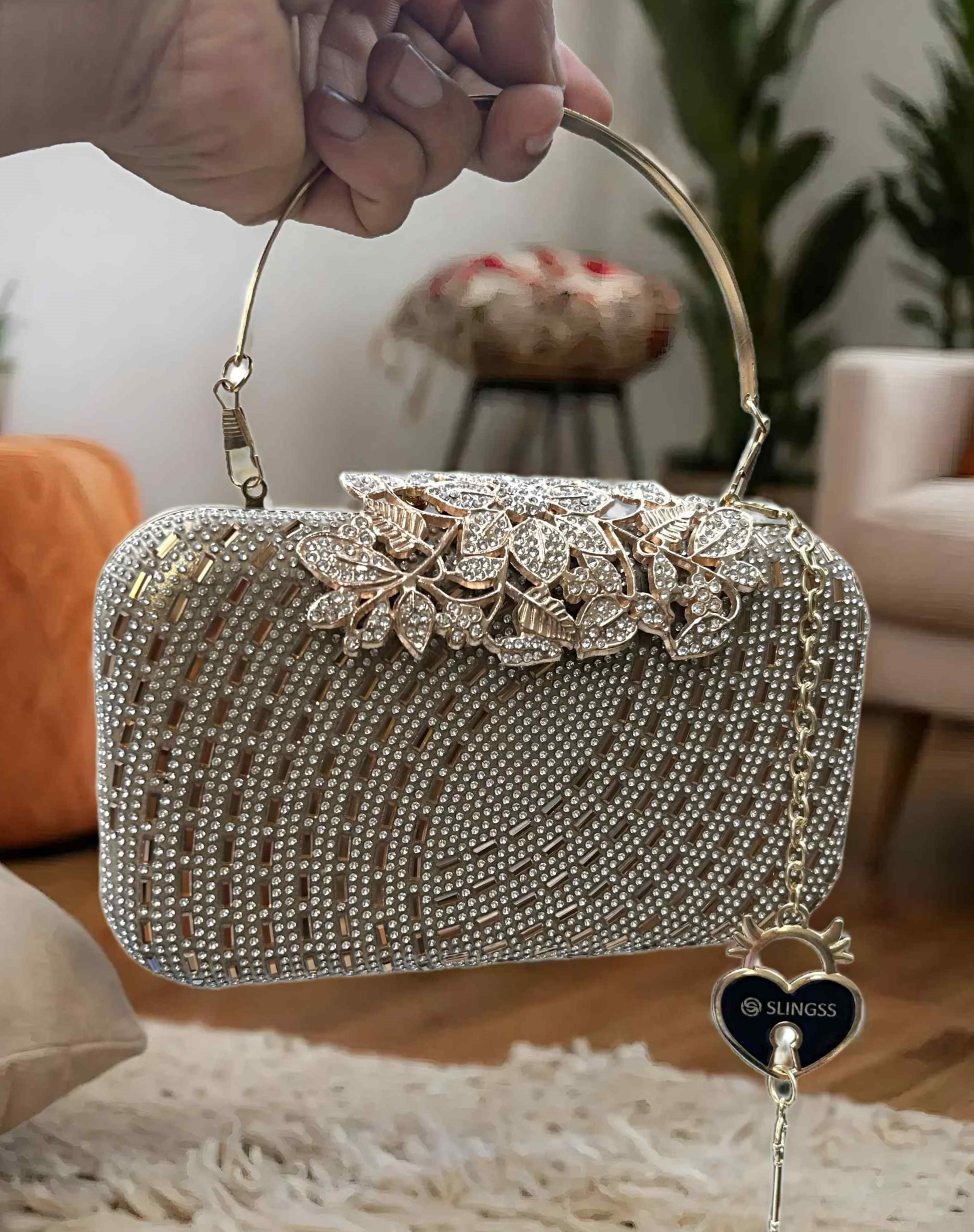 Slingss Exclusive Premium Partywear Embroidered Boxy Design Clutch For Ladies With Handle & Long Chain