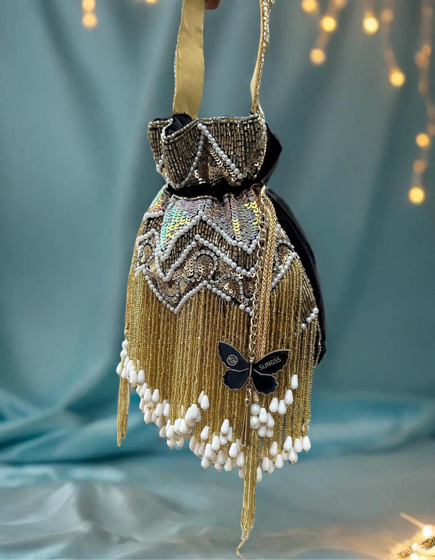 Slingss Exclusive Premium Jhallar Embroidered Partywear Potli For Ladies With Handle