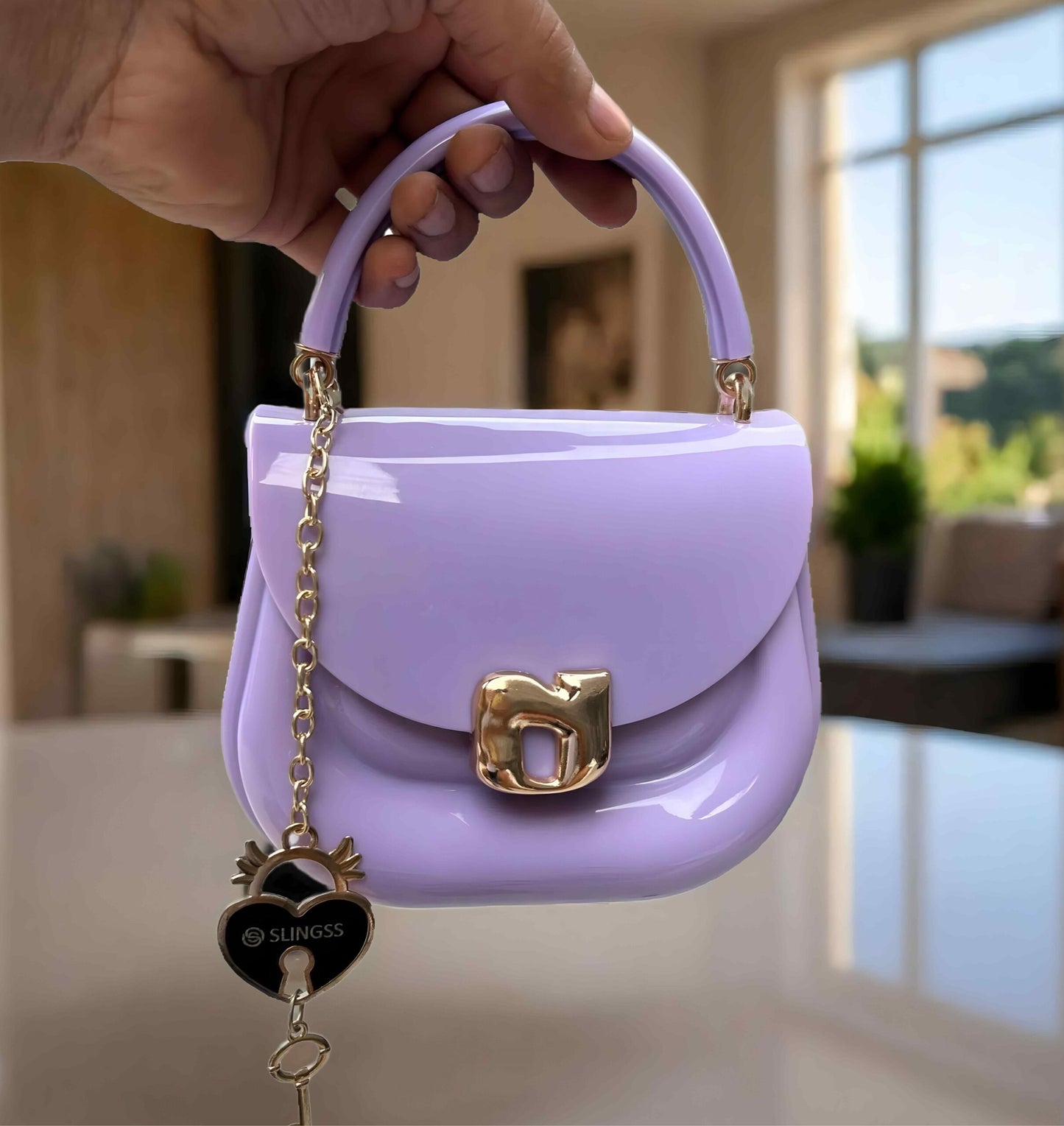 Slingss Mini Partywear Purple Silicon Purse For Girls With Handel & Long Belt