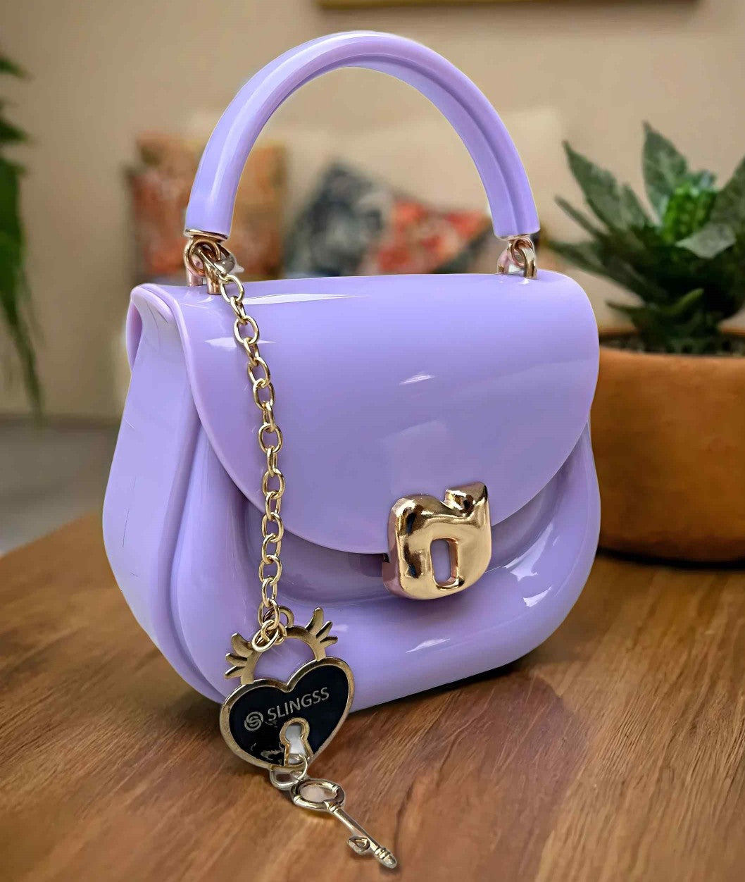 Slingss Mini Partywear Purple Silicon Purse For Girls With Handel & Long Belt