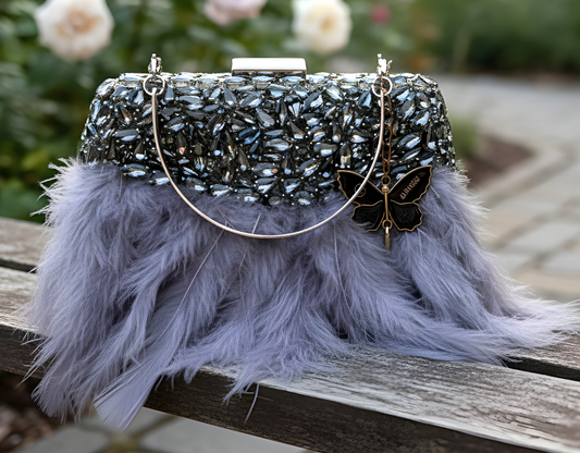 Slingss Exclusive Luxury Range Partywear Feather Diamond Embroidered Clutch For Ladies With Handle & Long Chain