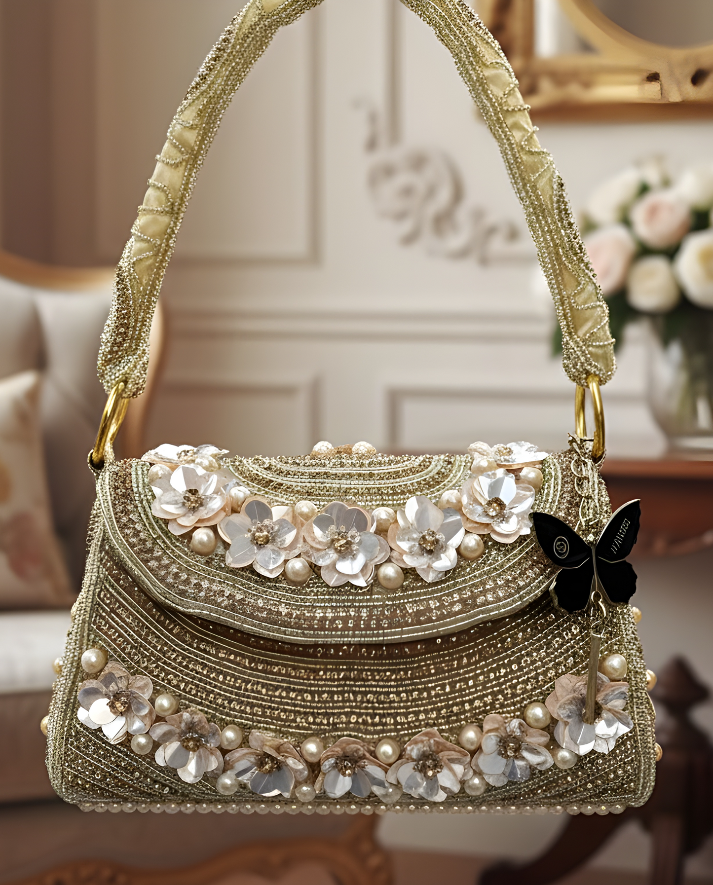 Slingss Luxury Range Flower Embroidered Partywear Handbag For Ladies With Handle