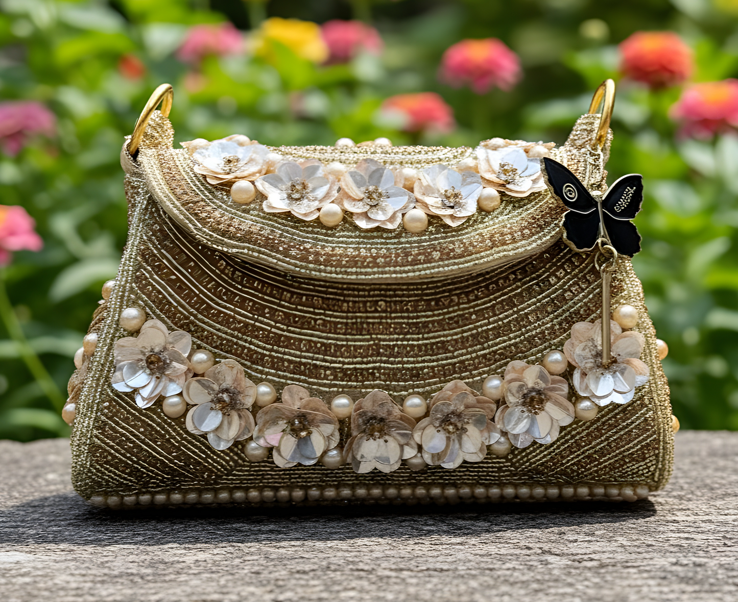 Slingss Luxury Range Flower Embroidered Partywear Handbag For Ladies With Handle