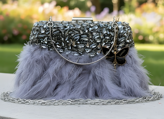 Slingss Exclusive Luxury Range Partywear Feather Diamond Embroidered Clutch For Ladies With Handle & Long Chain