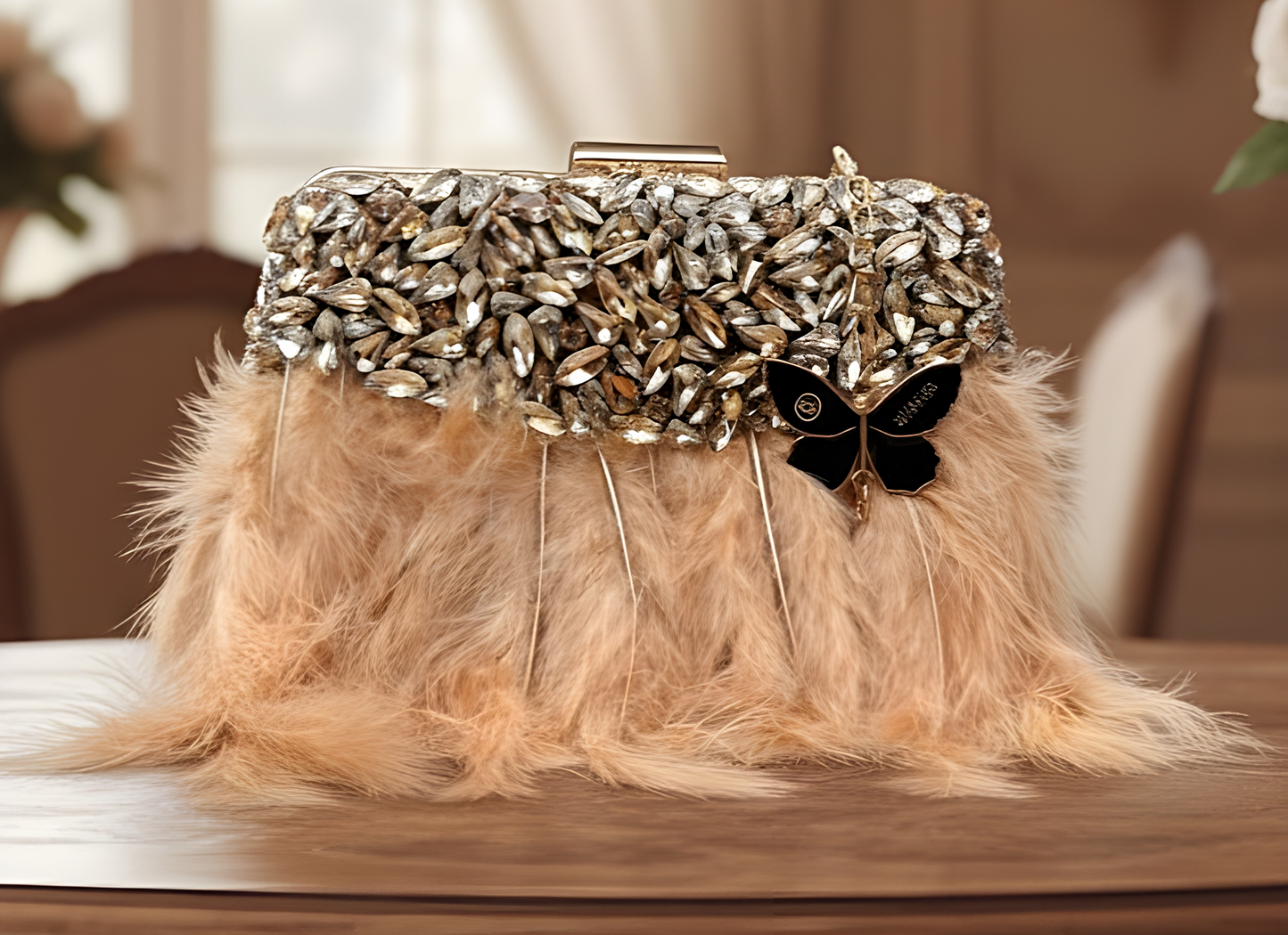 Slingss Exclusive Luxury Range Partywear Feather Diamond Embroidered Clutch For Ladies With Handle & Long Chain
