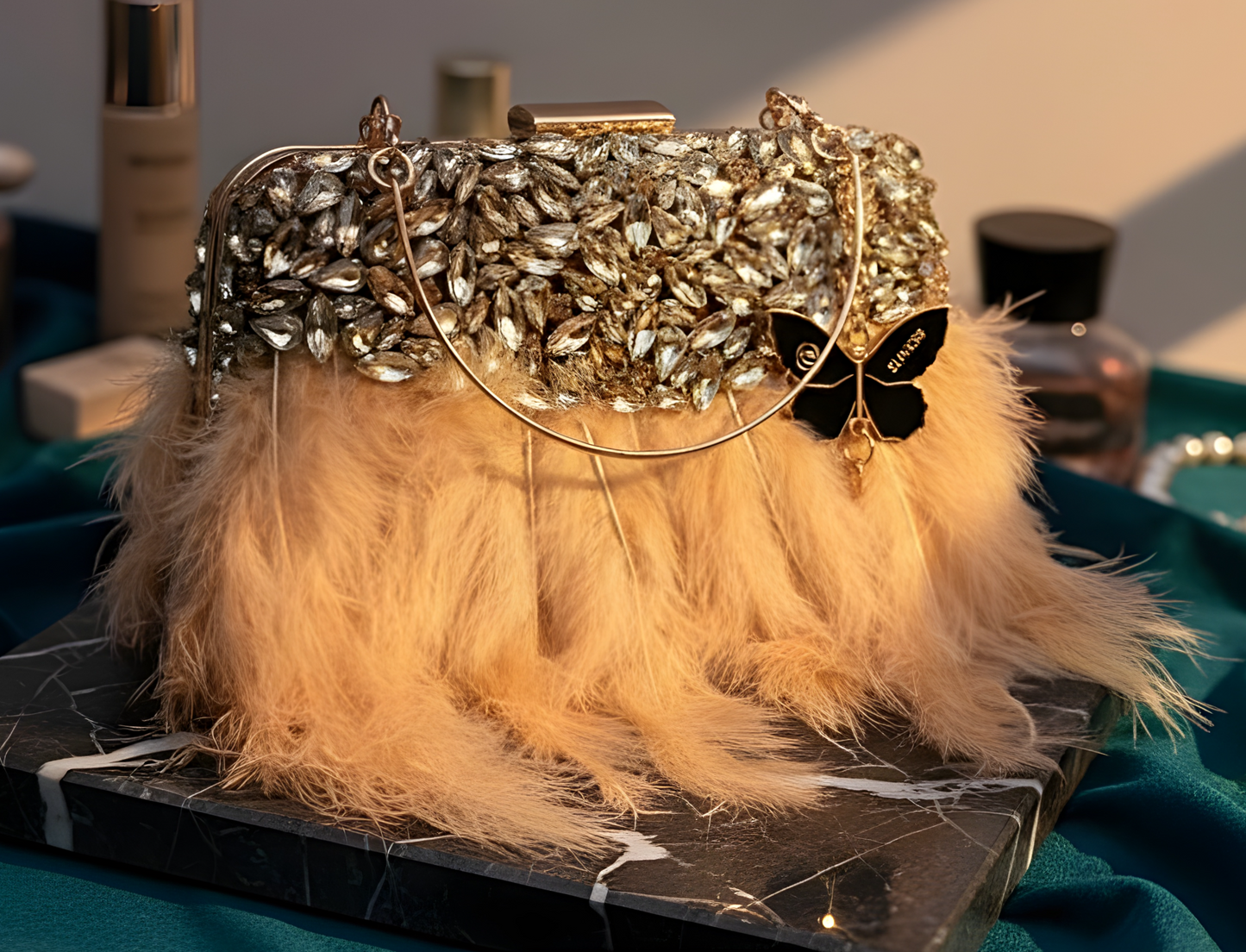 Slingss Exclusive Luxury Range Partywear Feather Diamond Embroidered Clutch For Ladies With Handle & Long Chain