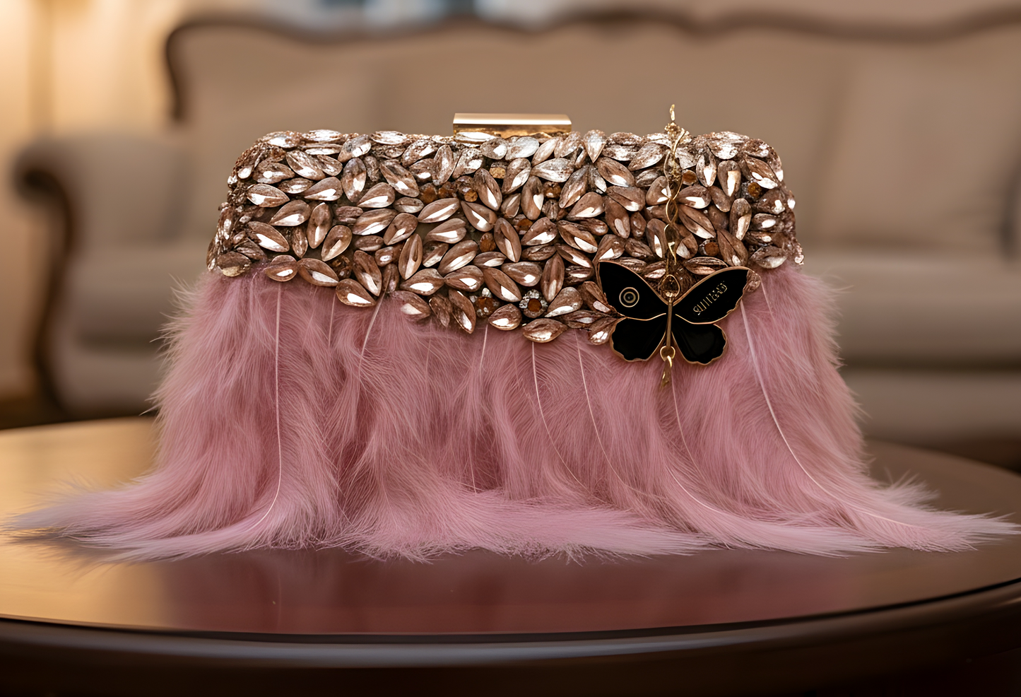 Slingss Exclusive Luxury Range Partywear Feather Diamond Embroidered Clutch For Ladies With Handle & Long Chain