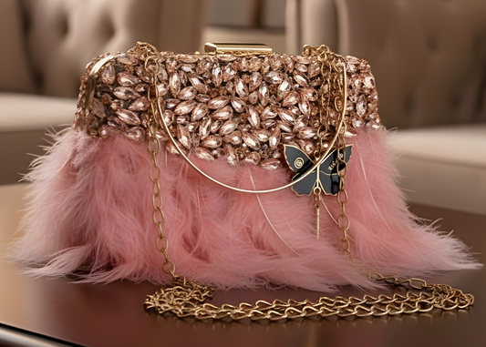 Slingss Exclusive Luxury Range Partywear Feather Diamond Embroidered Clutch For Ladies With Handle & Long Chain