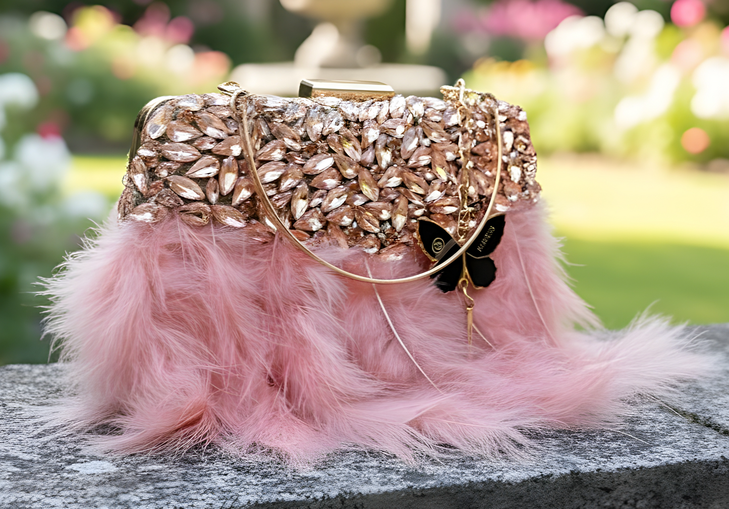 Slingss Exclusive Luxury Range Partywear Feather Diamond Embroidered Clutch For Ladies With Handle & Long Chain