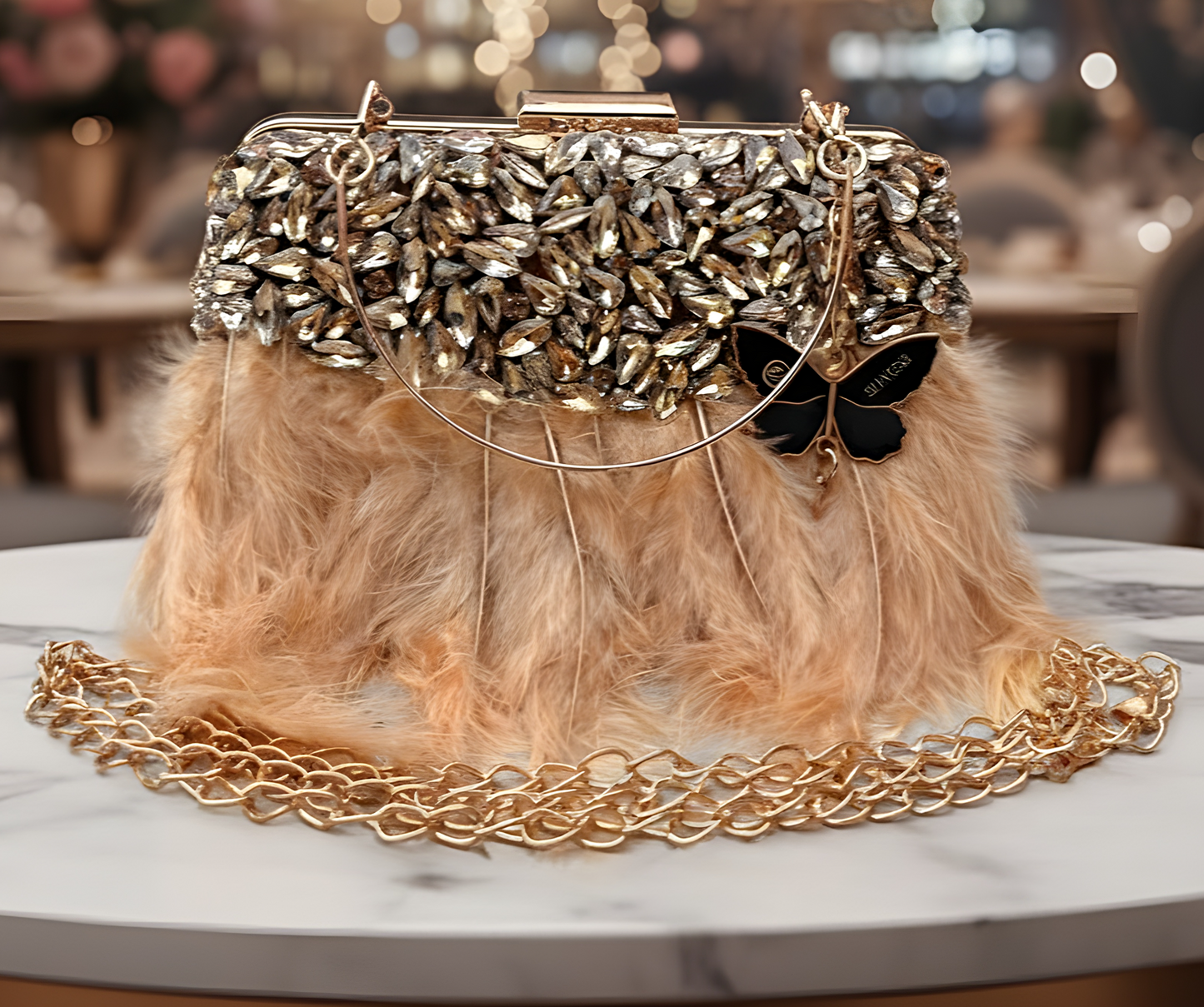 Slingss Exclusive Luxury Range Partywear Feather Diamond Embroidered Clutch For Ladies With Handle & Long Chain