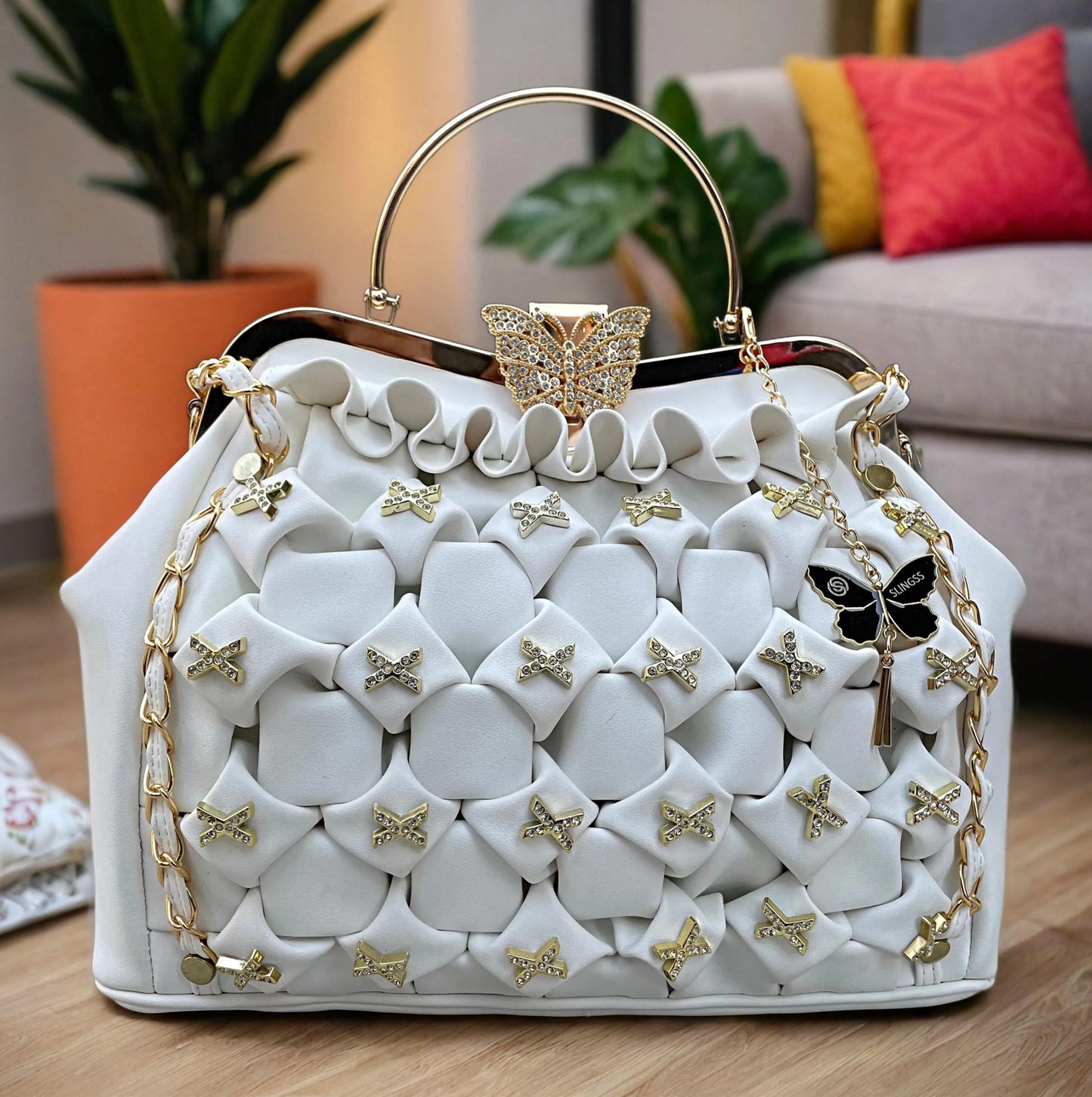 Slingss Luxury Range Big Size White Embroidered Partywear Bag For Ladies